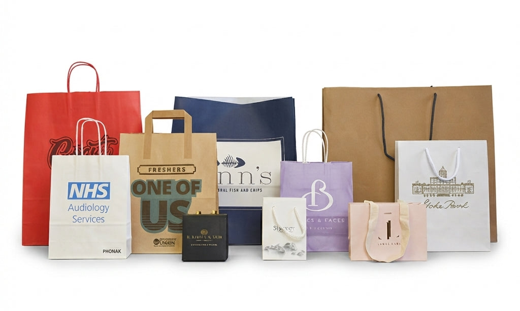 A collection of custom printed shopping and gift bags in various colors including red, brown, navy, purple, pink, and white, displayed against a solid white background.