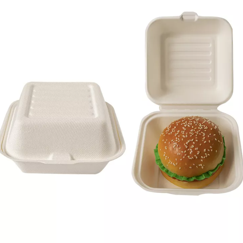 6" Square Bagasse Clamshell Burger Box x500 | Print On Paper Bags